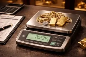 Gold jewellery and coins being weighed to explain gold valuation in the UK