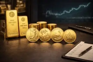 Gold bars and coins arranged for a beginner guide to buying gold