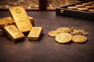 Gold bars and coins arranged for an article about the benefits of investing in gold