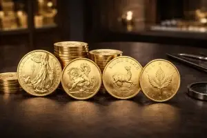 Popular gold investment coins arranged for a UK buying guide