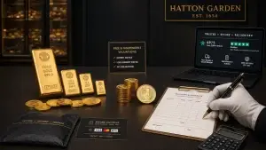 Gold bars and trust cues arranged for a guide to choosing a gold dealer