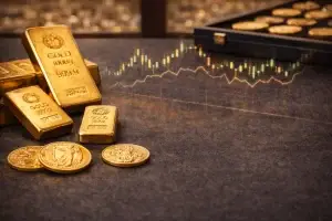 Gold price chart and bullion arranged for a UK gold market outlook article