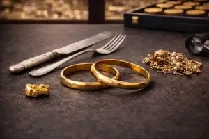 Unusual gold and silver items arranged for a London precious-metals selling guide