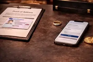 Identity documents and gold items arranged for a UK gold-selling paperwork guide