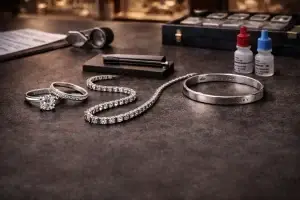 Platinum jewellery being assessed to compare Pt950 and Pt900 values in London